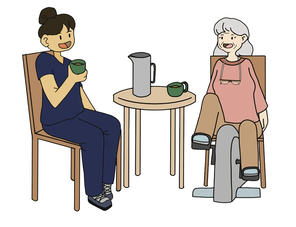 Drikker kaffe med ældre person som dyrker motion